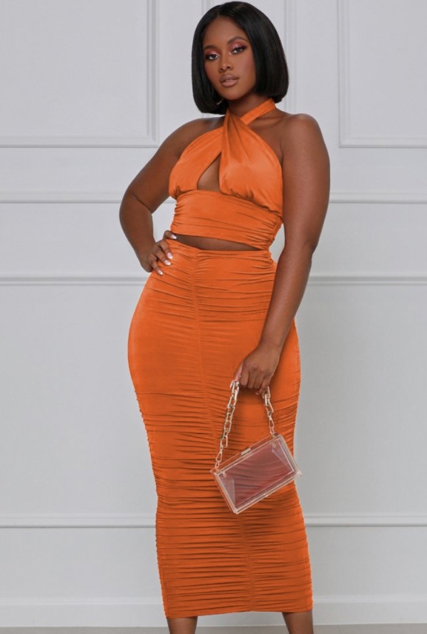 Summer Formal Orange Sexy Halter Crop Top and Ruched Midi Skirt Matching Set