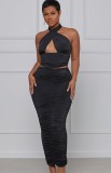 Summer Formal Black Sexy Halter Crop Top and Ruched Midi Skirt Matching Set