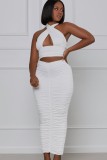 Summer Formal White Sexy Halter Crop Top and Ruched Midi Skirt Matching Set