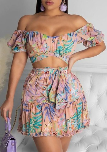 Summer Sexy Floral Crop Top and High Waist Skirt Sundress Set