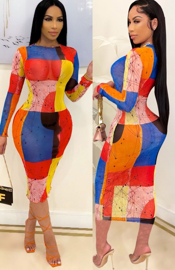 Summer Sexy Color Block Midi Bodycon Dress with Full Sleeves