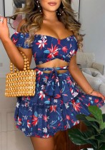 Conjunto de vestido de verano con falda de cintura alta y top floral sexy