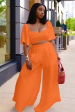 Summer Plus Size Orange Crop Top and Wide Pants 2 Piece Matching Set