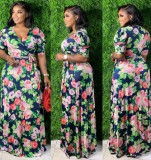 Summer Plus Size Floral Short Sleeve Wrap Long Maxi Dress