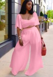 Summer Plus Size Pink Crop Top and Wide Pants 2 Piece Matching Set