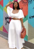 Summer Plus Size White Crop Top and Wide Pants 2 Piece Matching Set