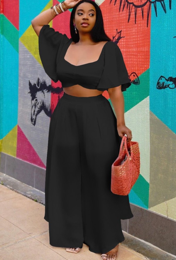 Summer Plus Size Black Crop Top and Wide Pants 2 Piece Matching Set