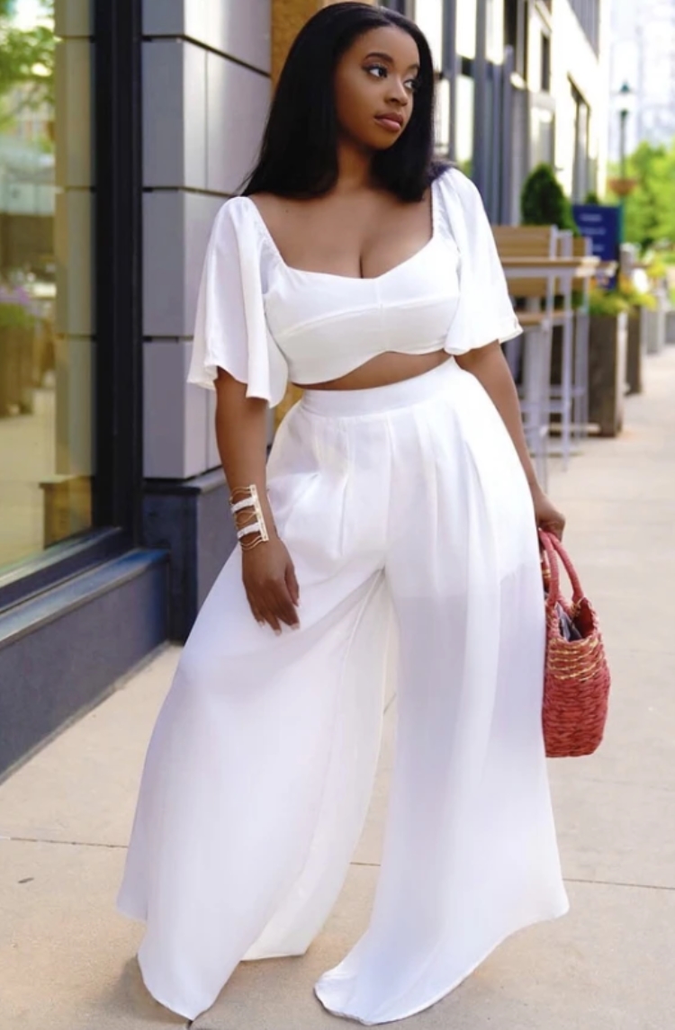 Wholesale Summer Plus Size White Crop Top And Wide Pants 2 Piece Matching Set Global Lover