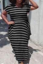 夏カジュアル プラスサイズ ストライプ半袖ロング ドレス