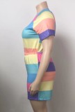 Summer Plus Size Casual Rainbow Wide Stripes Shirt and Shorts 2PC Set