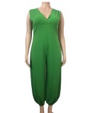 Summer Plus Size Sexy Green Sleeveless V-Neck Slit Jumpsuit