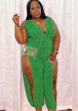 Summer Plus Size Sexy Green Sleeveless V-Neck Slit Jumpsuit