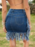 Summer Blue High Waist Tassels Denim Mini Skirt