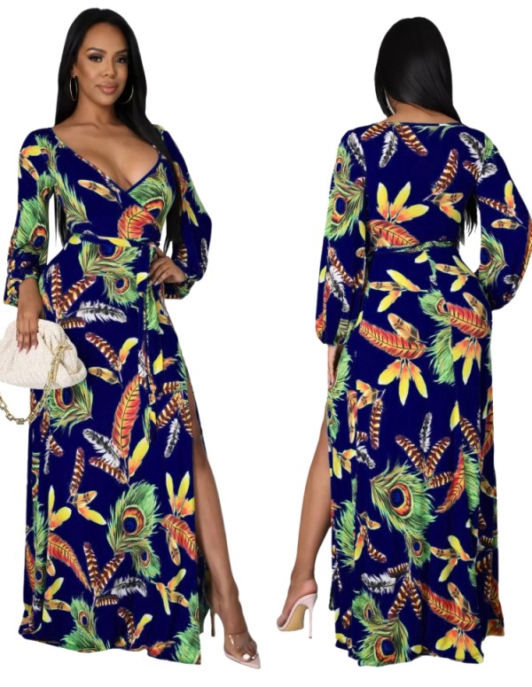 Autumn Print Elegant Long Sleeve Wrap Long Maxi Dress with Matching Belt