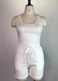 Summer Casual Beige Vest and Drawstrings Shorts 2PC Set