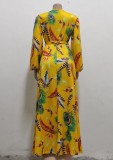Autumn Print Elegant Long Sleeve Wrap Long Maxi Dress with Matching Belt
