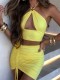 Summer Yellow Halter Neck Crop Top and Strings Ruched Mini Skirt 2PC Set