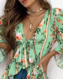 Summer Floral Green High Low Blouse with Wide Sleeves