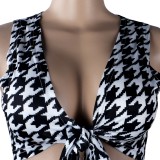Summer White and Black Print Knotted Crop Top and Pants 2PC Set