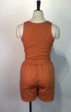 Summer Casual Orange Vest and Drawstrings Shorts 2PC Set