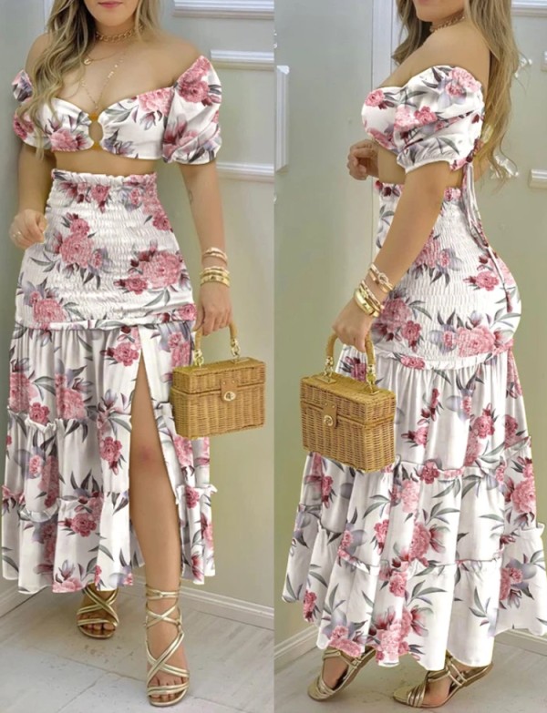 Summer Sexy Floral O-Ring Crop Top and Long Skirt Set