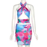 Summer Print Floral Wrap Halter Neck Crop Top and Mini Skirt 2PC Set