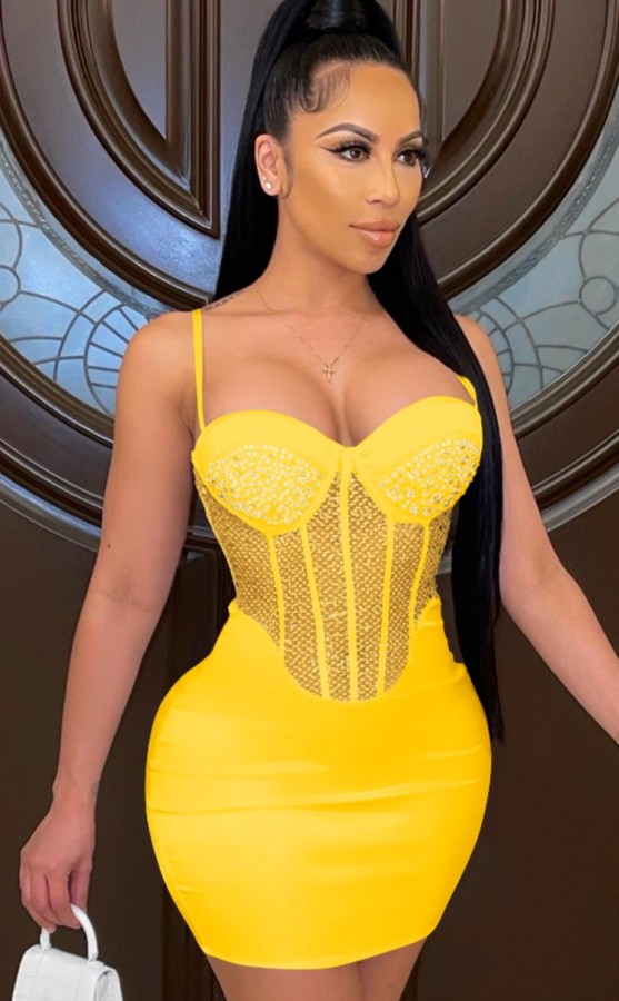 Summer Yellow Beaded Sexy Strap Party Bodycon Dress