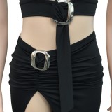 Summer Black Sexy O-Ring Halter Crop Top and Irregular Long Skirt Set