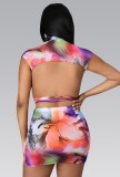 Summer Sexy Print Wrap Crop Top and Mini Skirt Set