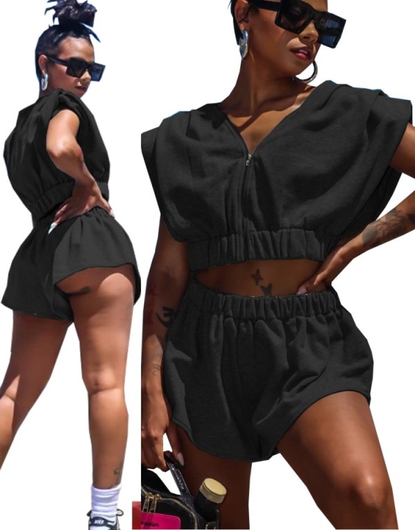 Summer Casual Black Two Piece Shorts Tracksuit