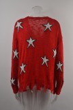 Autumn Red Stars V-Neck Long Sleeve Loose Sweater