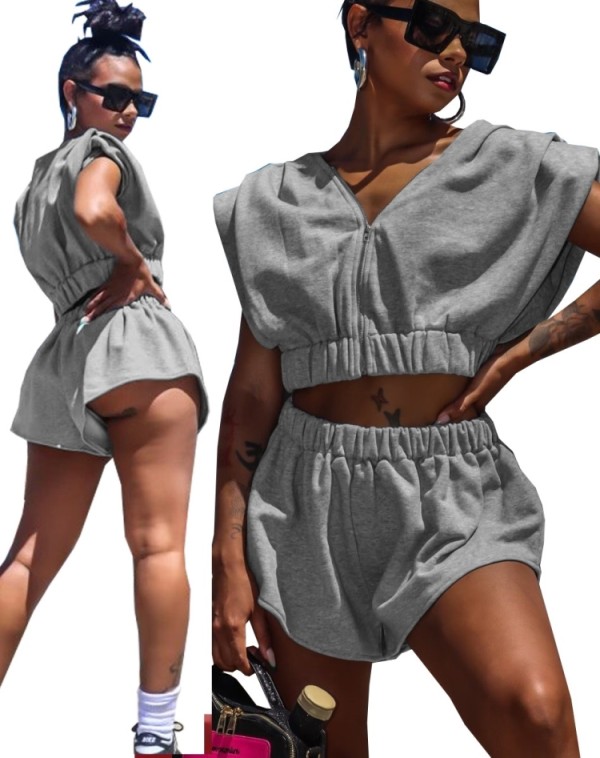 Summer Casual Grey Two Piece Shorts Tracksuit