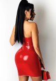 Summer Red PU Leather Sexy Cut Out Halter Bodycon Dress