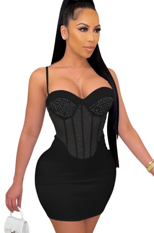 Summer Black Beaded Sexy Strap Party Bodycon Dress