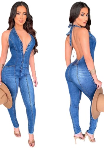 Macacão jeans sexy sem costas azul profundo em V verão