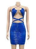 Summer Blue PU Leather Sexy Cut Out Halter Bodycon Dress