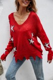 Autumn Red Stars V-Neck Long Sleeve Loose Sweater