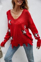 Autumn Red Stars V-Ausschnitt Langarm Loser Pullover