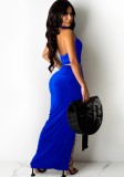 Summer Blue Sexy O-Ring Halter Crop Top and Irregular Long Skirt Set