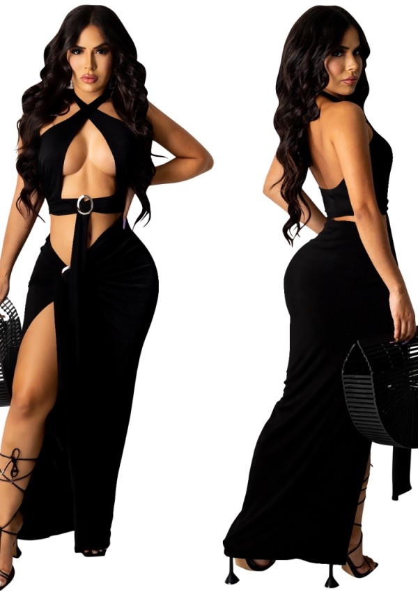 Summer Black Sexy O-Ring Halter Crop Top and Irregular Long Skirt Set