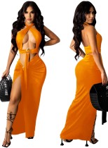Summer Orange Sexy O-Ring Halter Crop Top y Conjunto de falda larga irregular