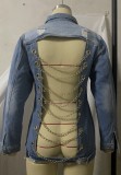 Autumn Blue Hollow Out Chains Long Denim Jacket with Full Sleeves