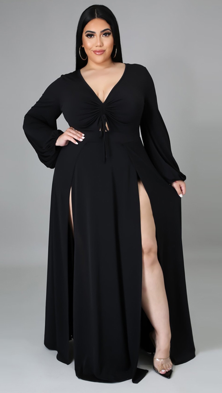 Wholesale Autumn Plus Size Black Long Sleeve Slit Long Maxi Dress ...