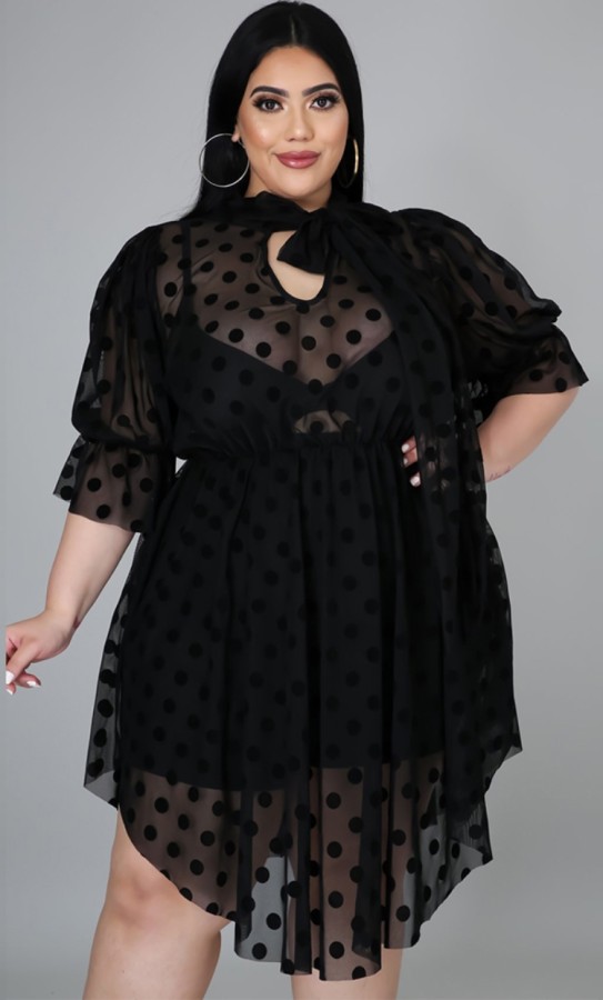 Summer Plus Size Black Polka Irregular Short Formal Dress