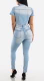 Summer Casual Light Blue Zipper Short Sleeve Denim Jumpsuit