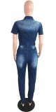 Summer Casual Blue Zipper Short Sleeve Denim Jumpsuit