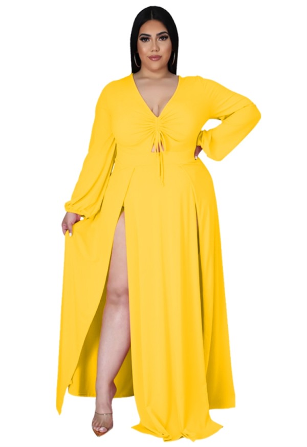 Autumn Plus Size Yellow Long Sleeve Slit Long Maxi Dress