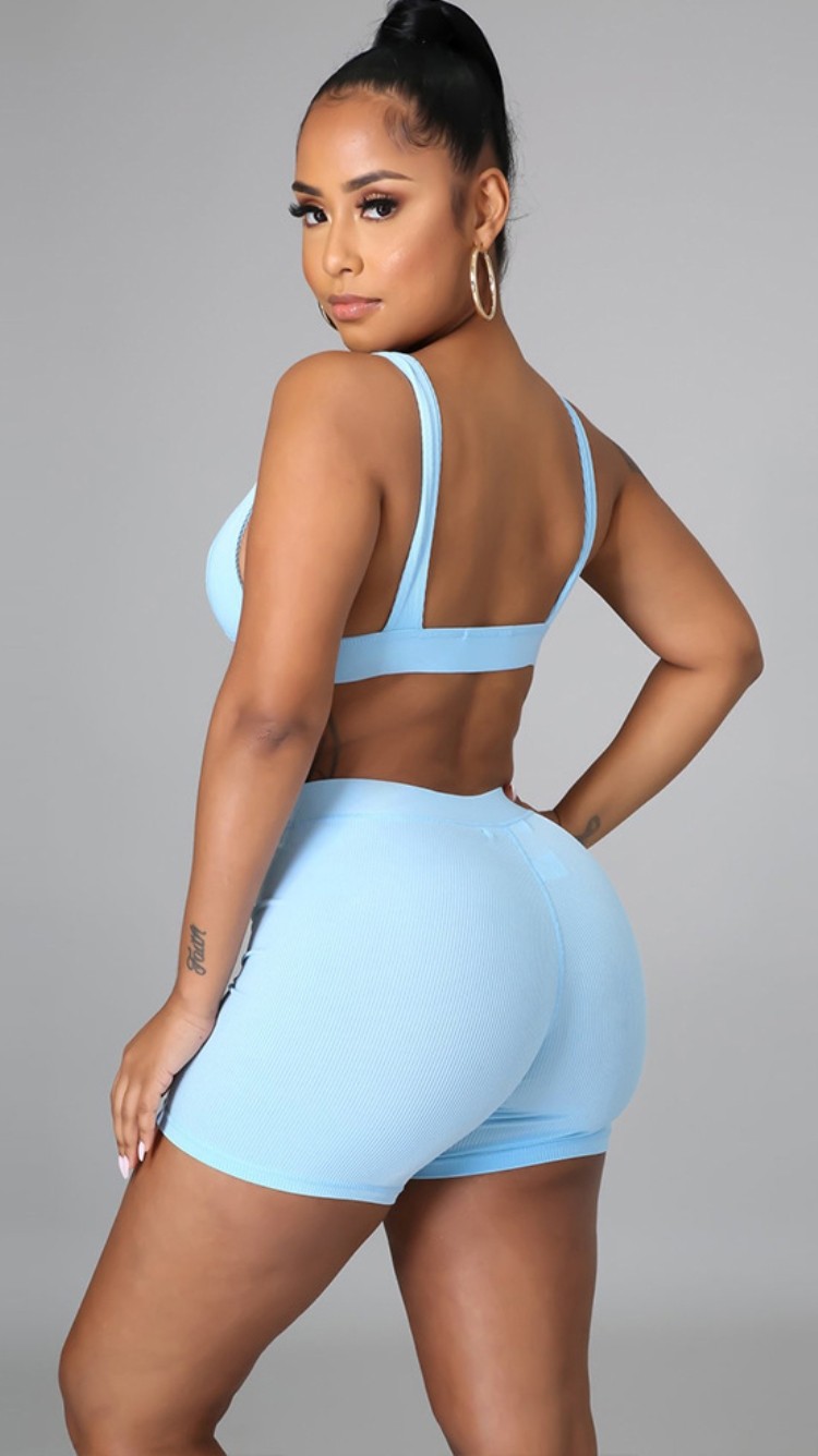 Wholesale Summer Sports Blue Bra and Biker Shorts 2PC Set Global Lover