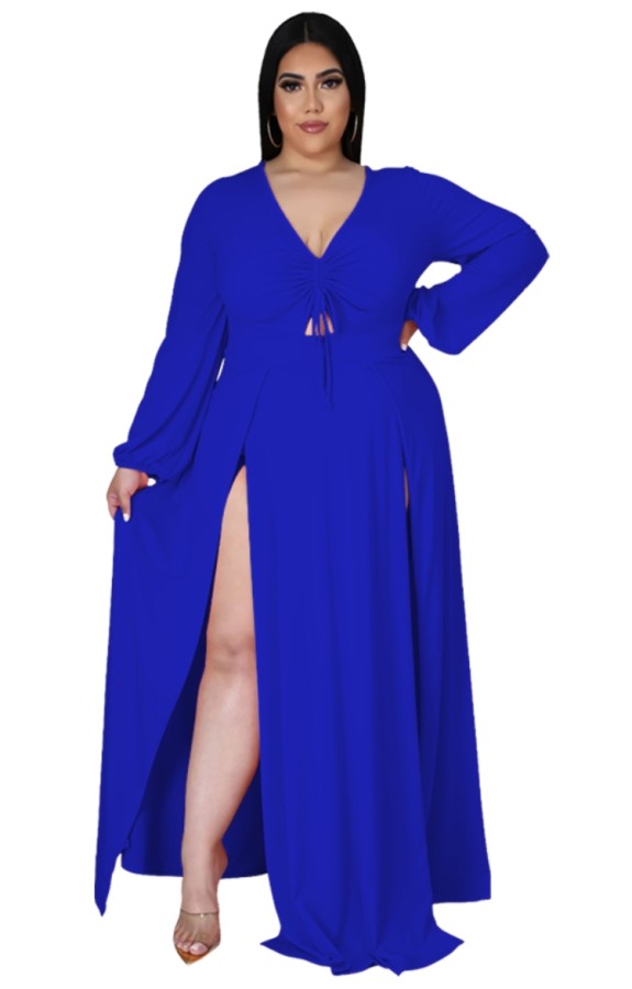 Autumn Plus Size Blue Long Sleeve Slit Long Maxi Dress