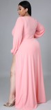 Autumn Plus Size Pink Long Sleeve Slit Long Maxi Dress